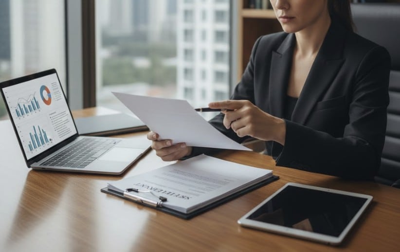 A professional personal injury attorney reviewing a settlement offer document in a modern law office
