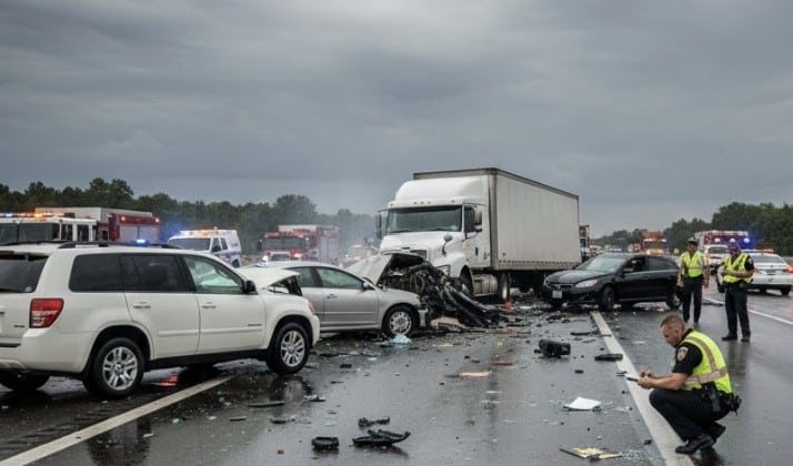 An accident scene with multiple vehicles, road debris, and investigators documenting evidence