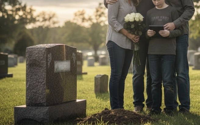 Family standing together at a cemetery beside a gravestone, holding flowers during a graveside visit.