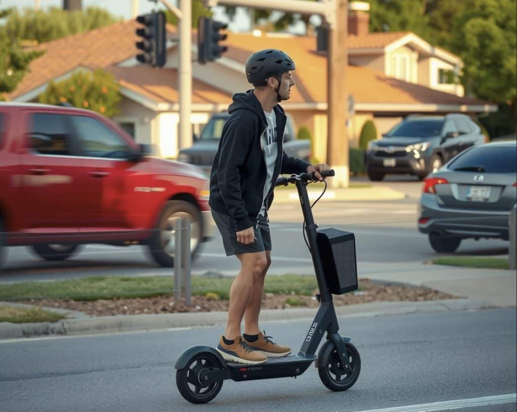 A person riding an e-scooter through a residential neighborhood.