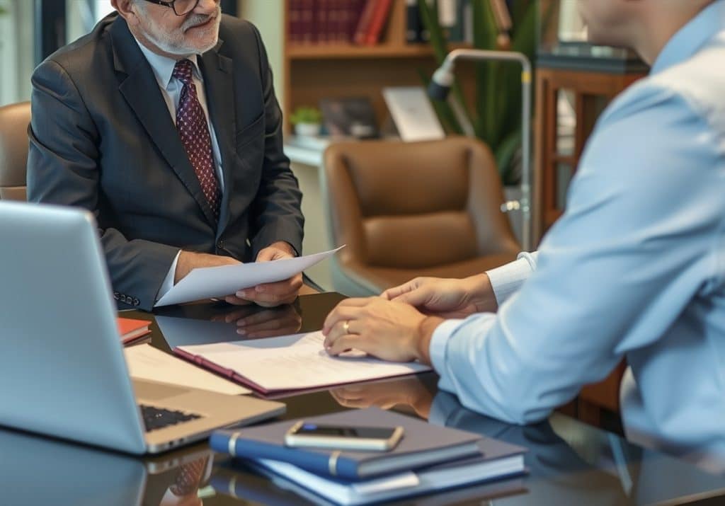 A personal injury lawyer consulting with an injured client in an office setting.