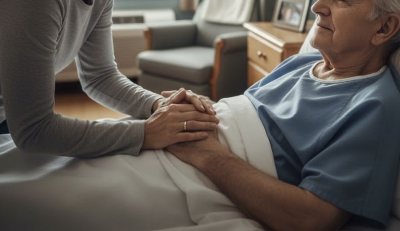 Elderly nursing home resident in bed, illustrating vulnerability and potential nursing home abuse concerns.
