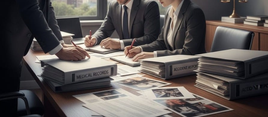 Legal team reviewing medical records and accident reports