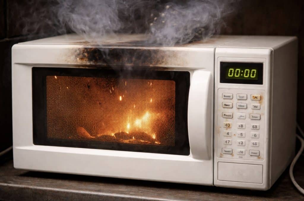 A white microwave oven with light wear is shown malfunctioning, with smoke rising from the top and visible flames glowing inside the cooking chamber