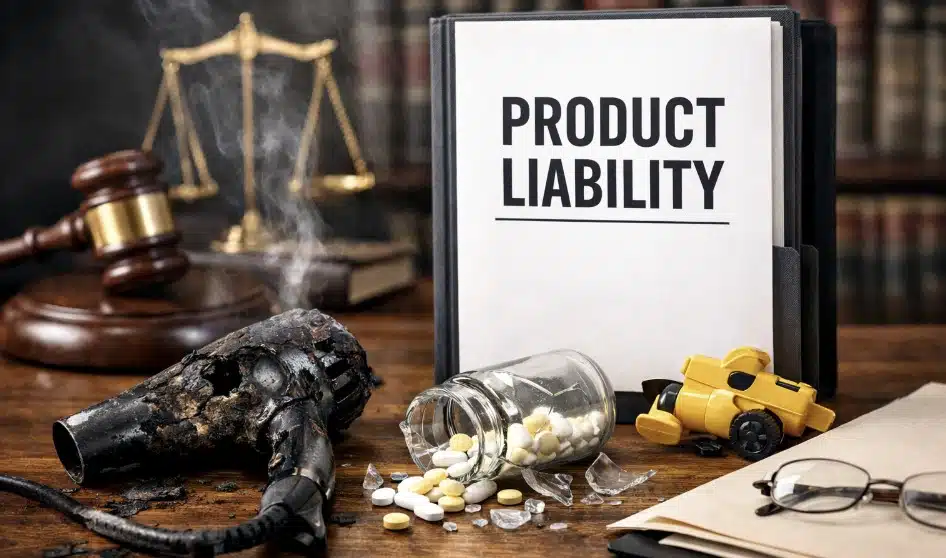 Defective consumer products on a desk beside a “Product Liability” binder and legal gavel.