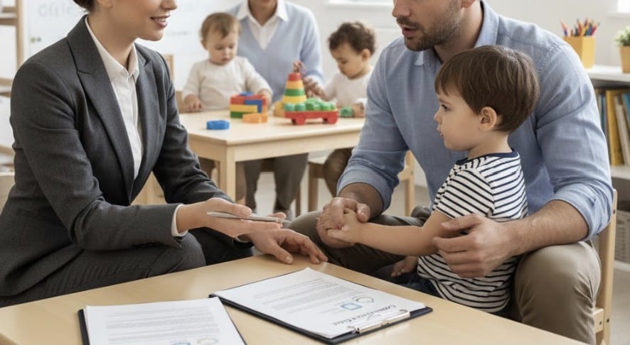 A professional woman in a suit speaks with a father holding his young son at a table with documents, while children play with toys in the background, suggesting a family or childcare consultation setting.