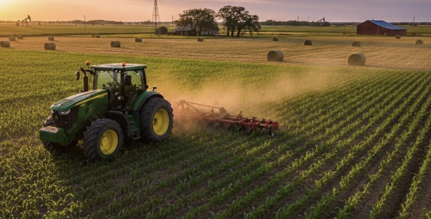 Farmer driving a tractor through crop rows in a rural field at sunset, with dust rising and hay bales visible in the background.