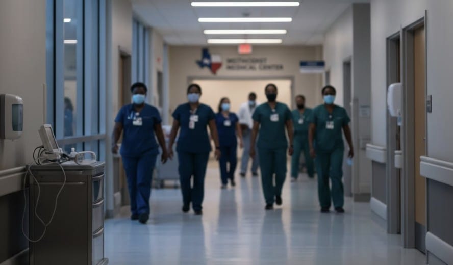 A hospital hallway in Richardson, Texas with a serious but calm atmosphere, medical professionals in background