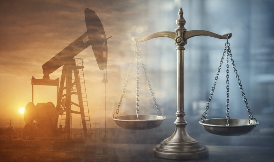 A conceptual legal image showing an oil rig fading into a set of balanced justice scales, symbolizing the intersection of energy production and law against a dramatic, professional backdrop.