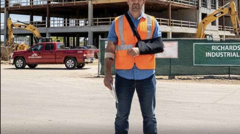 Injured construction worker wearing a safety vest and arm sling standing at an active construction site.
