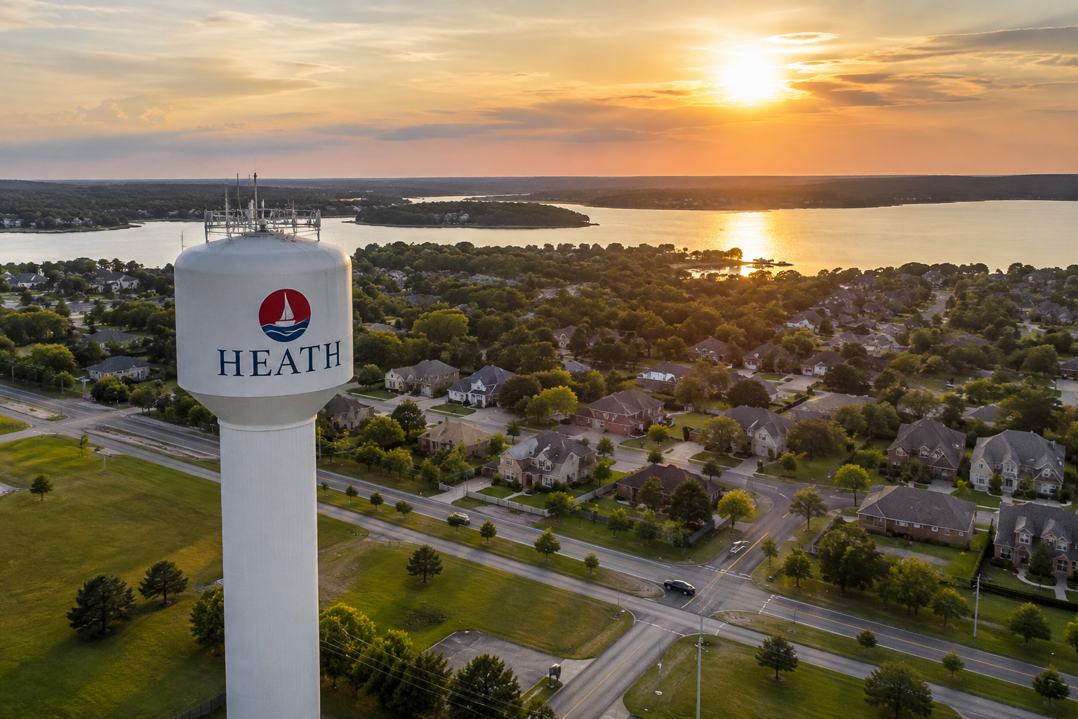 Heath, Texas water tower overlooking Lake Ray Hubbard near the Fielding Law Heath office