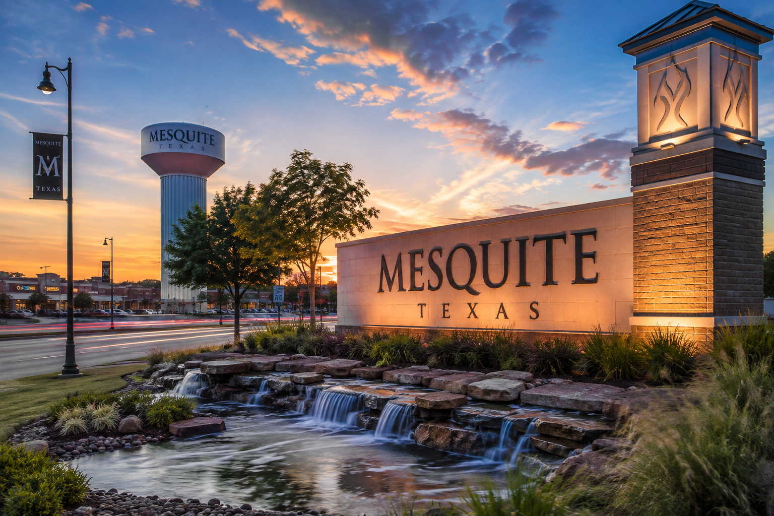 Mesquite, Texas city entrance sign near the Fielding Law Mesquite office